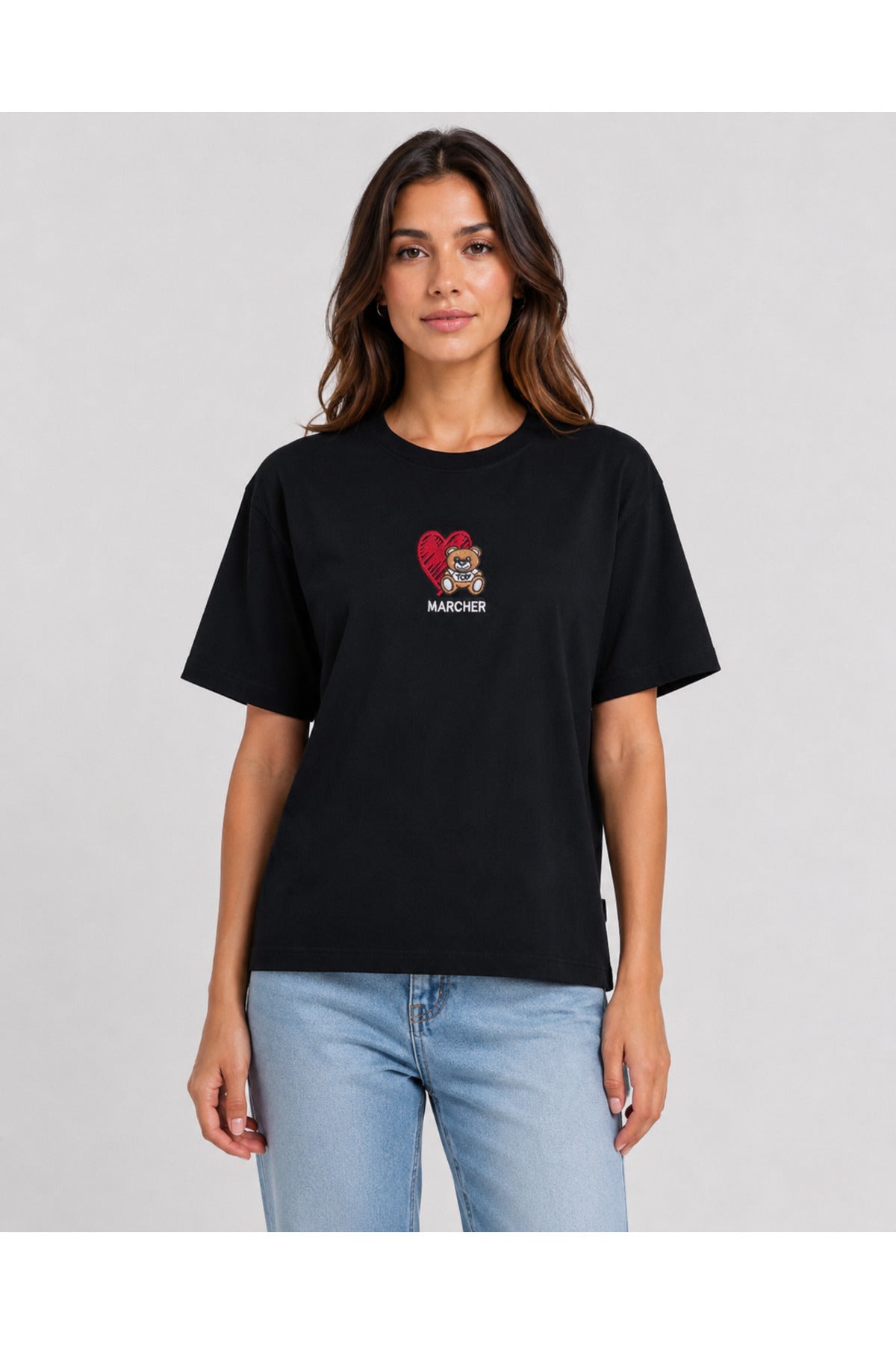 Marcher Ayı & Kalp Nakışlı Oversize Tişört - Siyah