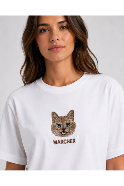 Marcher Kedi Nakışlı Oversize Tişört - Beyaz