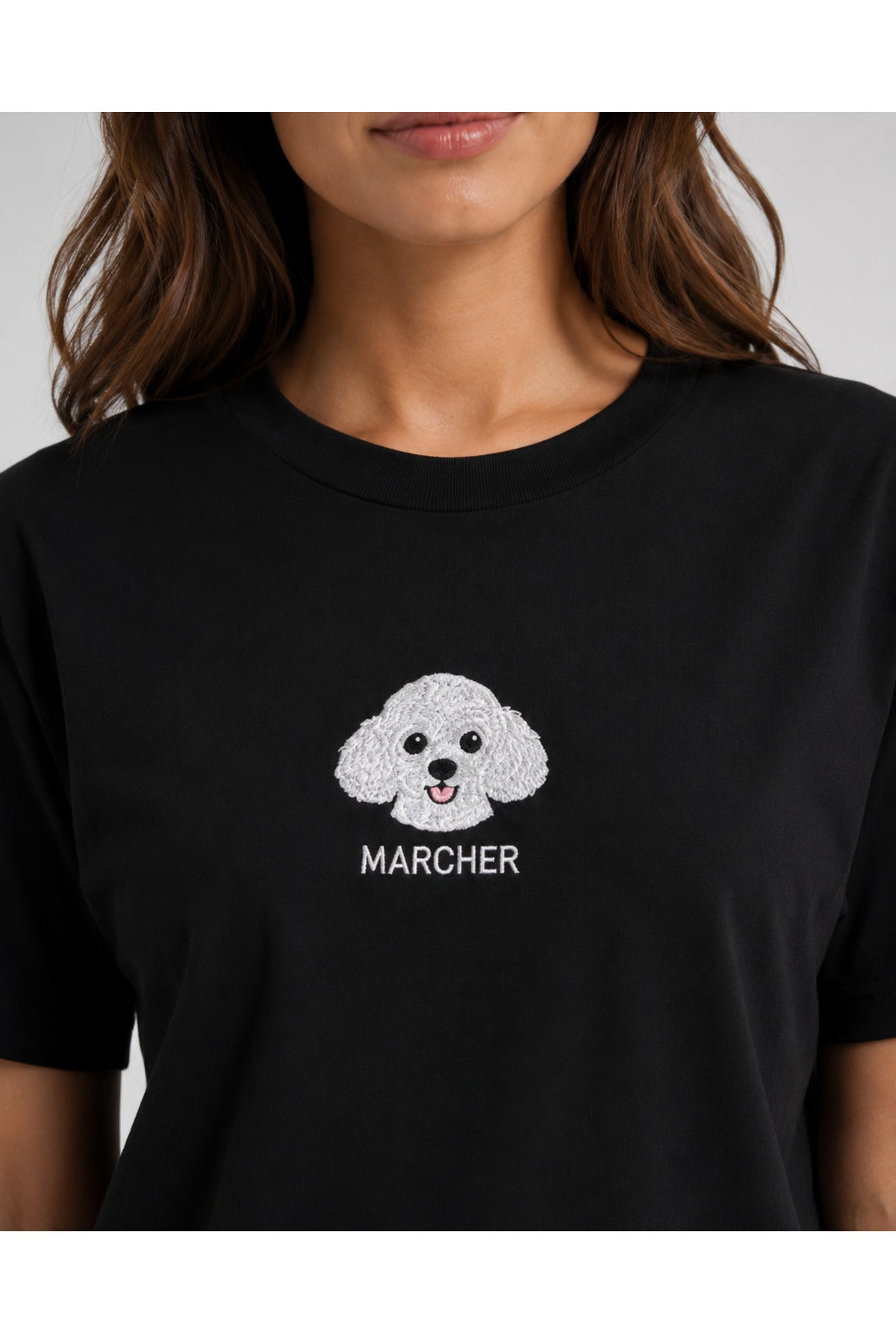Marcher Beyaz Poodle Nakışlı Oversize Tişört - Siyah