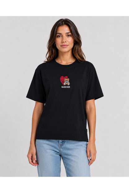 Marcher Ayı & Kalp Nakışlı Oversize Tişört - Siyah