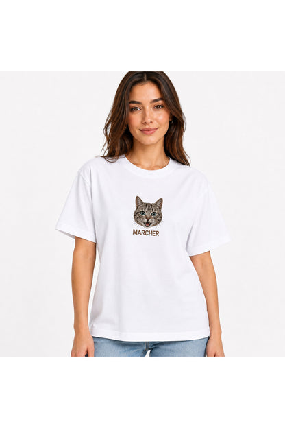 Marcher Kedi Nakışlı Oversize Tişört - Beyaz