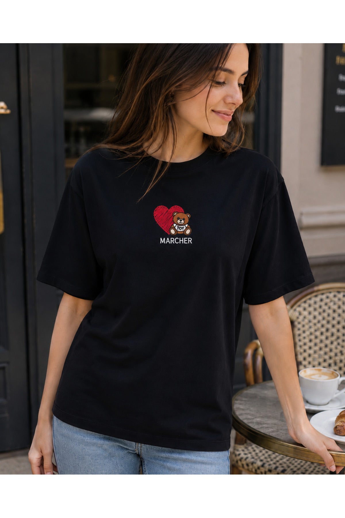 Marcher Ayı & Kalp Nakışlı Oversize Tişört - Siyah
